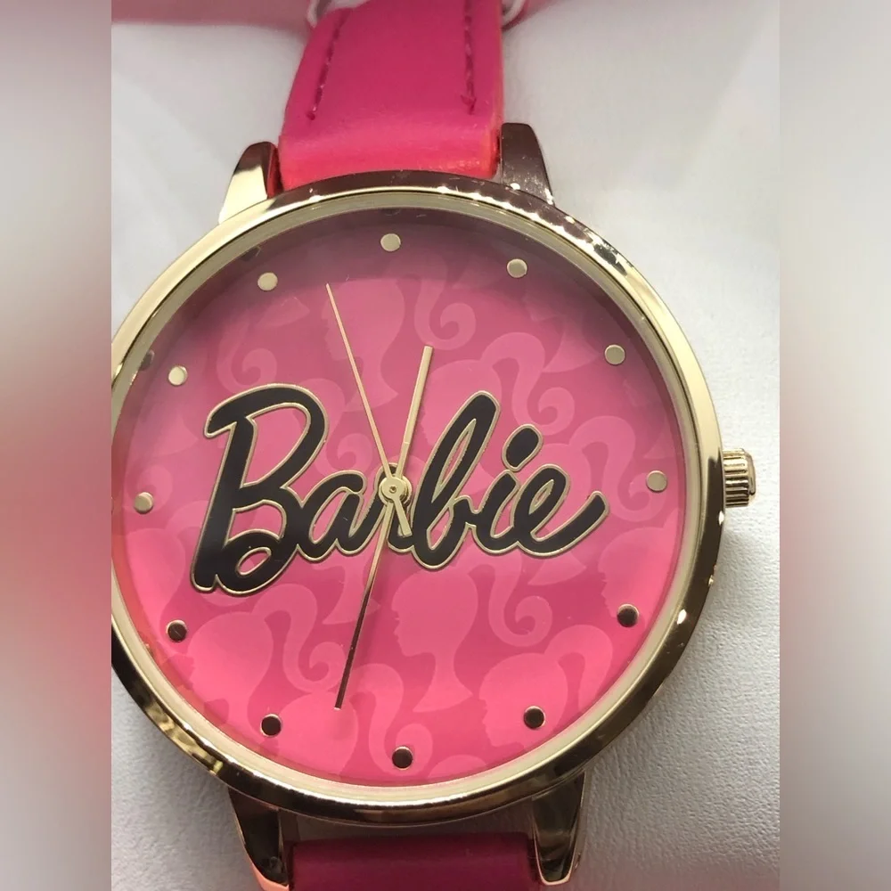 Barbie pink strap gold plated trim pink Barbie‎ logo face wrist watch new